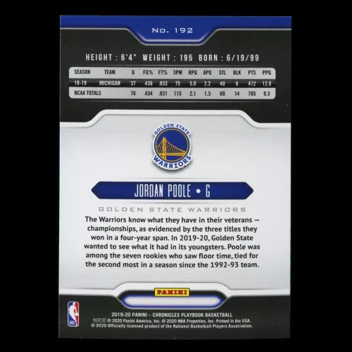 Jordan Poole RC 2019-20 Chronicles Playbook Rookie Warriors