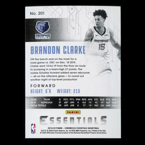 Brandon Clarke RC 2019-20 Chronicles Essentials Rookie Grizzlies