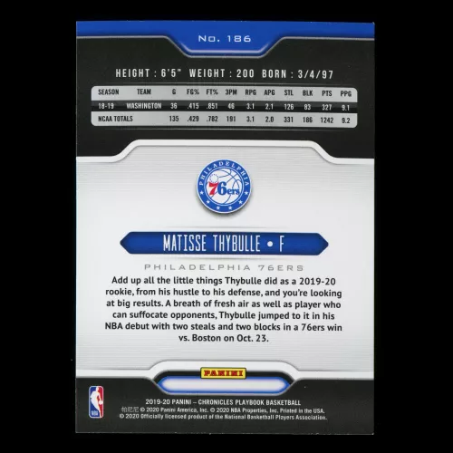 Matisse Thybulle RC 2019-20 Chronicles Playbook Rookie 76ers