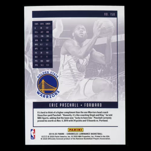 Eric Paschall RC 2019-20 Chronicles Luminance Rookie Warriors