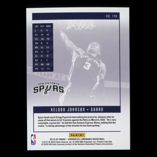 Keldon Johnson RC 2019-20 Chronicles Luminance Rookie Spurs