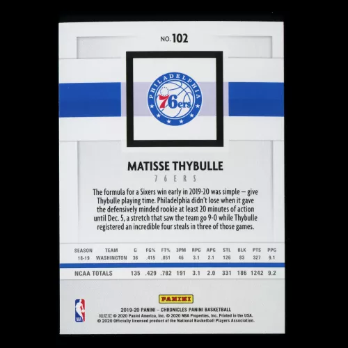 Matisse Thybulle RC 2019-20 Chronicles Panini Rookie 76ers