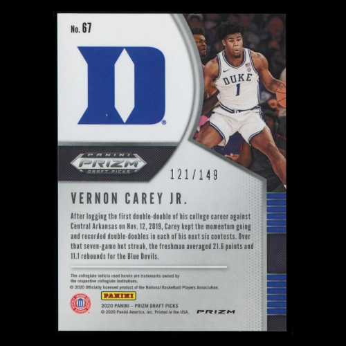 Vernon Carey Jr. RC 2020-21 Prizm Draft Picks Purple Ice Blue Devils | Hornets 121/149
