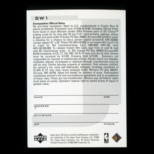 Michael Jordan 1998 UD Choice Memorabilia Sweepstakes