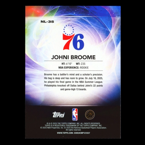 Johni Broome RC 2025-26 Topps No Limit Rookie 76ers