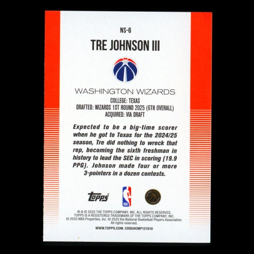 Tre Johnson III RC 2025-26 Topps New School Rookie Wizards