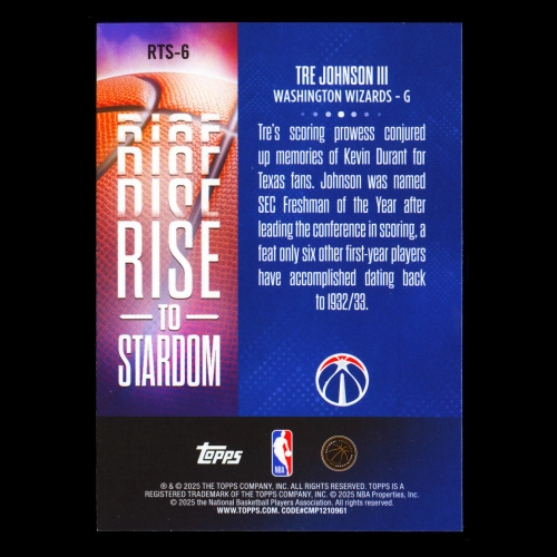 Tre Johnson III RC 2025-26 Topps Rise to Stardom Rookie Wizards