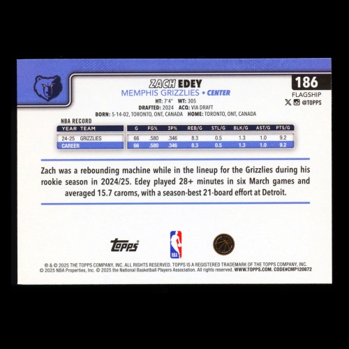 Zach Edey 2025-26 Topps All-Rookie Team Grizzlies