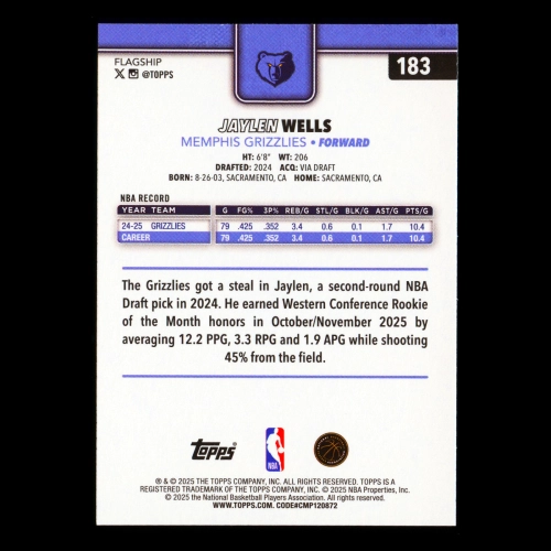 Jaylen Wells 2025-26 Topps All-Rookie Team Grizzlies