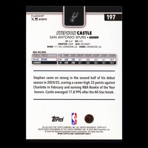 Stephon Castle 2025-26 Topps All-Rookie Team Spurs