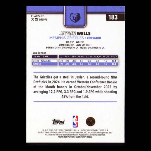 Jaylen Wells 2025-26 Topps All-Rookie Team Grizzlies