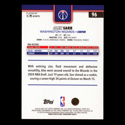 Alex Sarr 2025-26 Topps All-Rookie Team Wizards