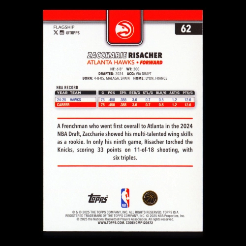Zaccharie Risacher 2025-26 Topps All-Rookie Team Hawks