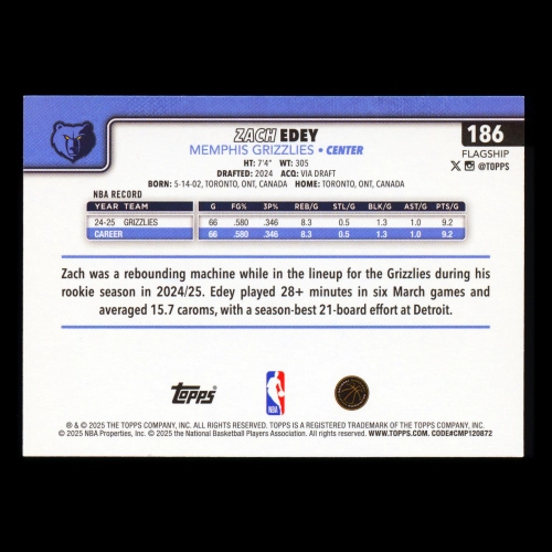 Zach Edey 2025-26 Topps All-Rookie Team Grizzlies