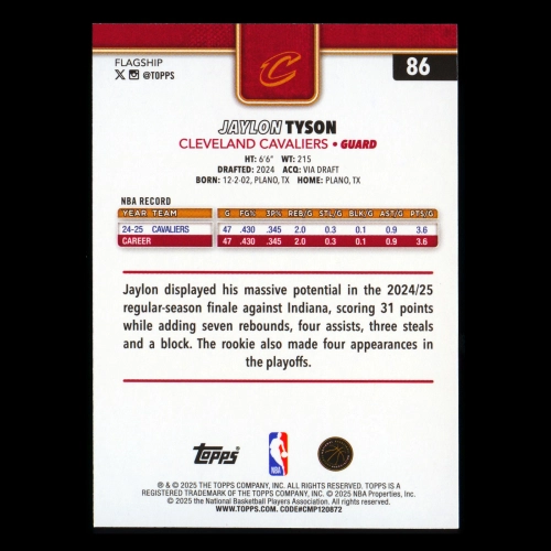 Jaylon Tyson 2025-26 Topps Rainbow Foil Cavaliers