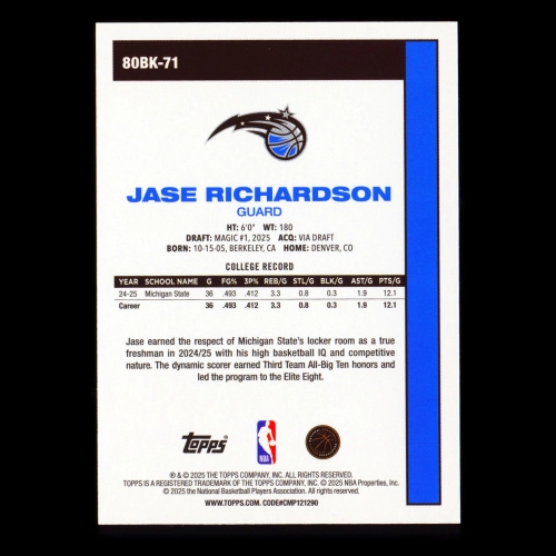 Jase Richardson RC 2025-26 Topps '80-81 Topps Retro Rookie Magic