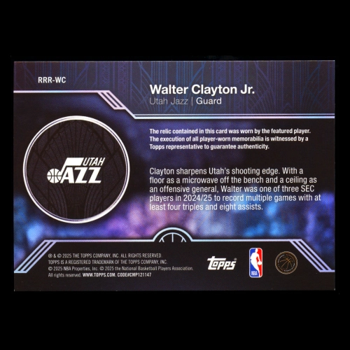 Walter Clayton Jr. RC 2025-26 Topps Rookie Roundball Remnants Rookie Jazz