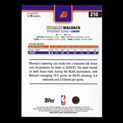 Khaman Maluach RC 2025-26 Topps Rookie Suns