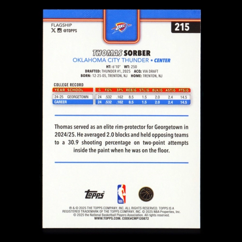 Thomas Sorber RC 2025-26 Topps Rookie Thunder