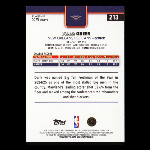 Derik Queen RC 2025-26 Topps Rookie Pelicans
