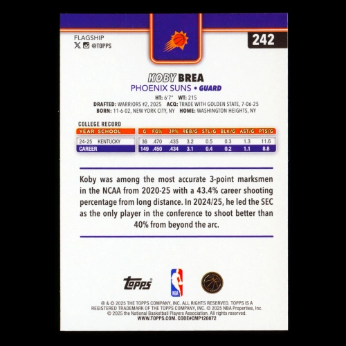Koby Brea RC 2025-26 Topps Rookie Suns