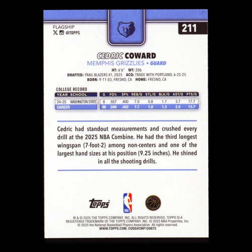 Cedric Coward RC 2025-26 Topps Rookie Grizzlies
