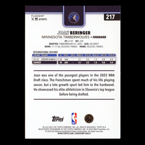 Joan Beringer RC 2025-26 Topps Rookie Timberwolves