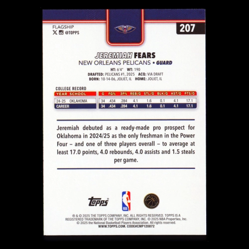 Jeremiah Fears RC 2025-26 Topps Rookie Pelicans