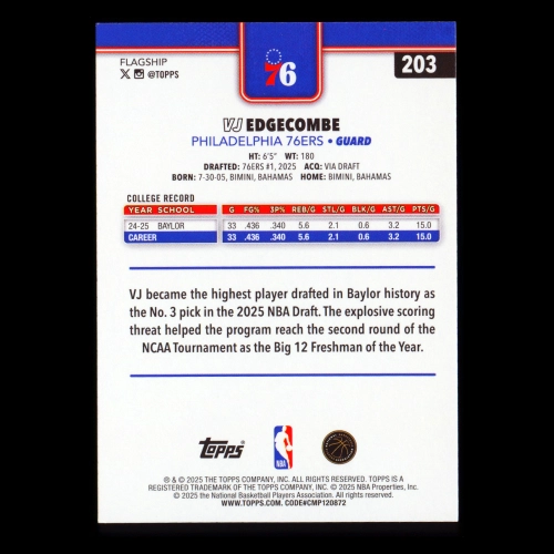 VJ Edgecombe RC 2025-26 Topps Rookie 76ers