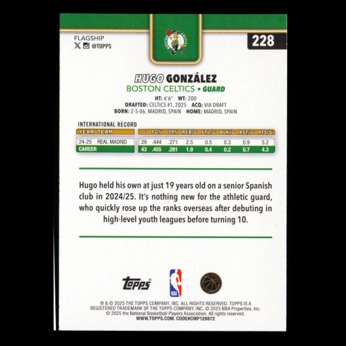 Hugo Gonzalez RC 2025-26 Topps Rookie Celtics