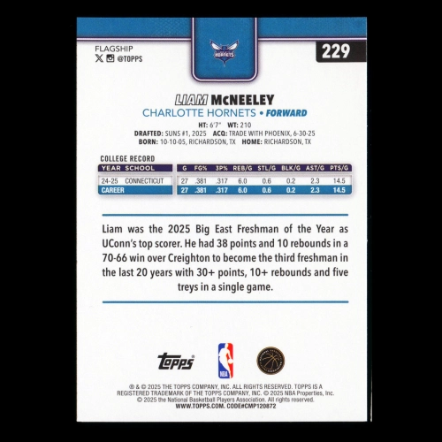 Liam McNeeley RC 2025-26 Topps Rookie Hornets
