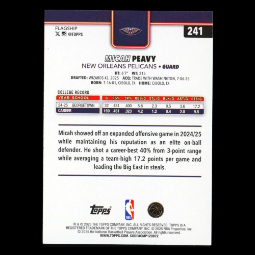Micah Peavy RC 2025-26 Topps Rookie Pelicans