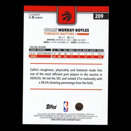 Collin Murray-Boyles RC 2025-26 Topps Rookie Raptors