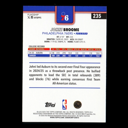 Johni Broome RC 2025-26 Topps Rookie 76ers