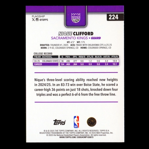 Nique Clifford RC 2025-26 Topps Rookie Kings