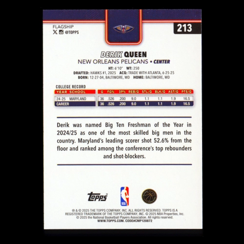 Derik Queen RC 2025-26 Topps Rookie Pelicans