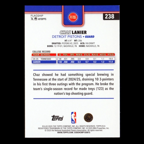 Chaz Lanier RC 2025-26 Topps Rookie Pistons