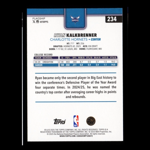 Ryan Kalkbrenner RC 2025-26 Topps Rookie Hornets