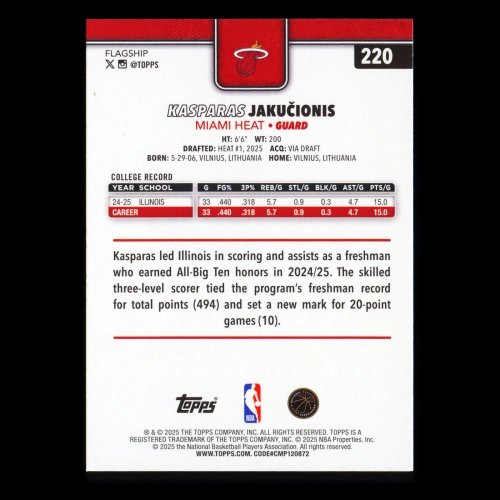 Kasparas Jakuionis RC 2025-26 Topps Rookie Heat