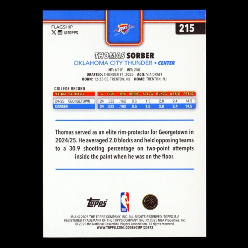 Thomas Sorber RC 2025-26 Topps Rookie Thunder