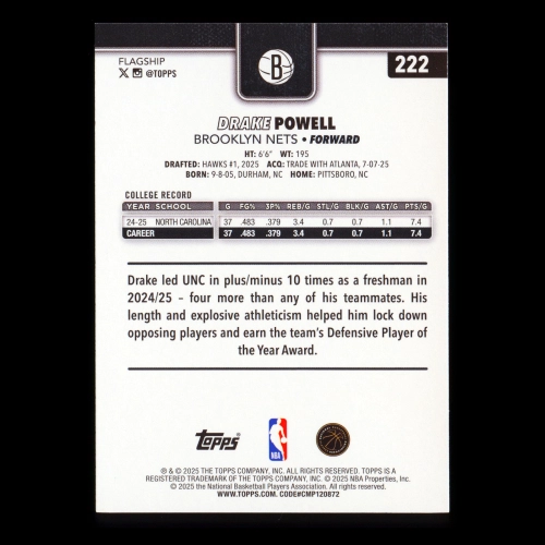 Drake Powell RC 2025-26 Topps Rookie Nets