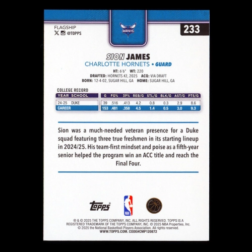 Sion James RC 2025-26 Topps Rookie Hornets