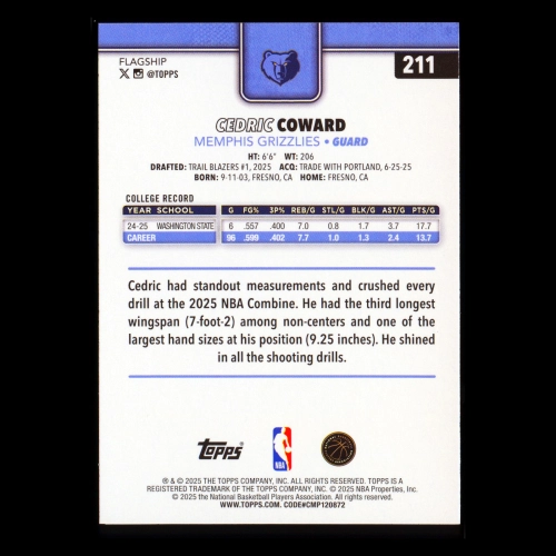 Cedric Coward RC 2025-26 Topps Rookie Grizzlies