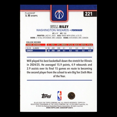 Will Riley RC 2025-26 Topps Rookie Wizards
