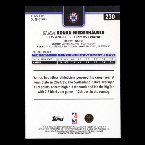 Yanic Konan-Niederhuser RC 2025-26 Topps Rookie Clippers