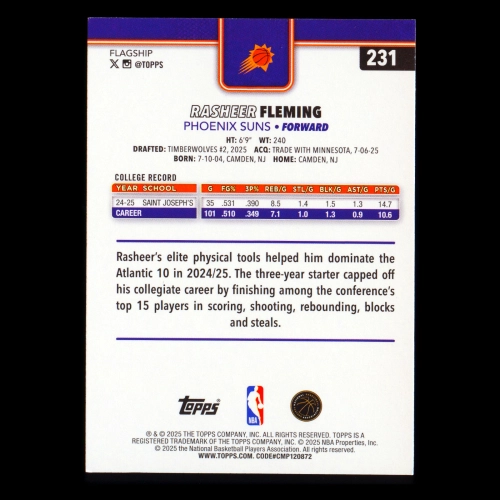 Rasheer Fleming RC 2025-26 Topps Rookie Suns