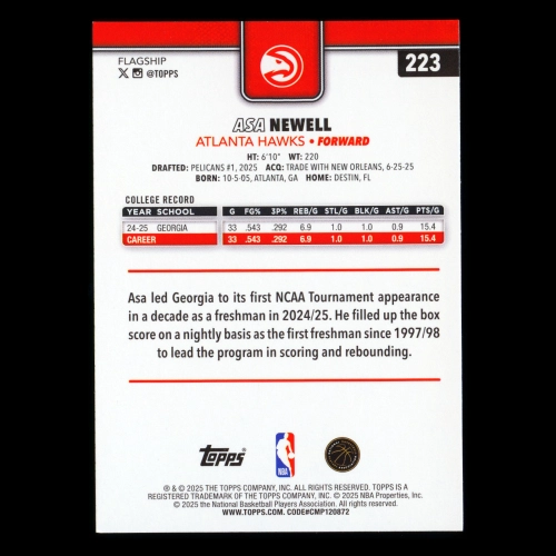 Asa Newell RC 2025-26 Topps Rookie Hawks