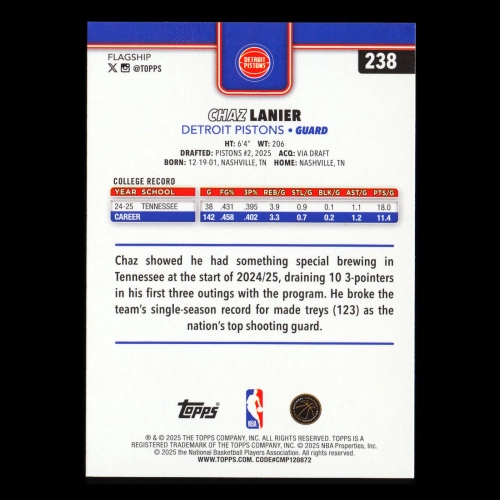 Chaz Lanier RC 2025-26 Topps Rookie Pistons