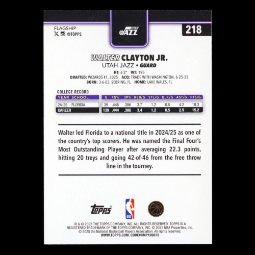 Walter Clayton Jr. RC 2025-26 Topps Rookie Jazz
