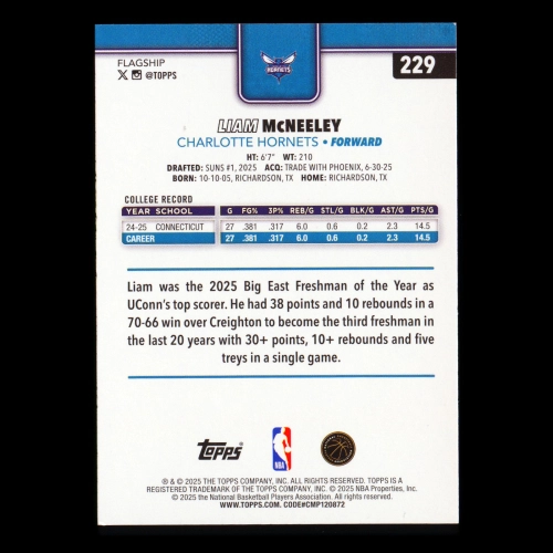 Liam McNeeley RC 2025-26 Topps Rookie Hornets